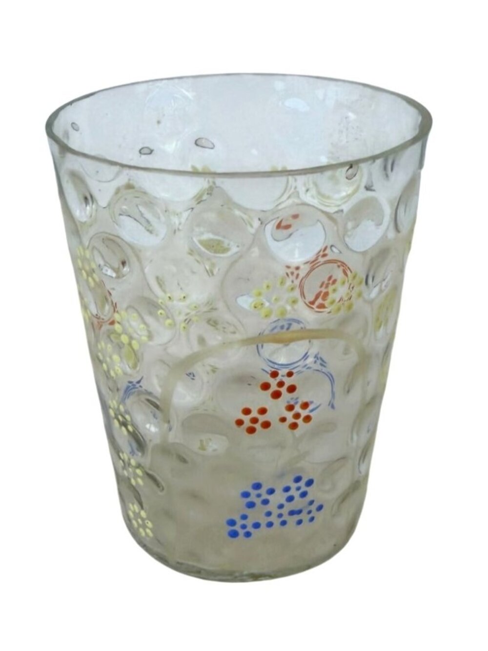 Vintage Enamel Hand‑Painted Clear Glass Tumbler Colorful Dots Floral Design